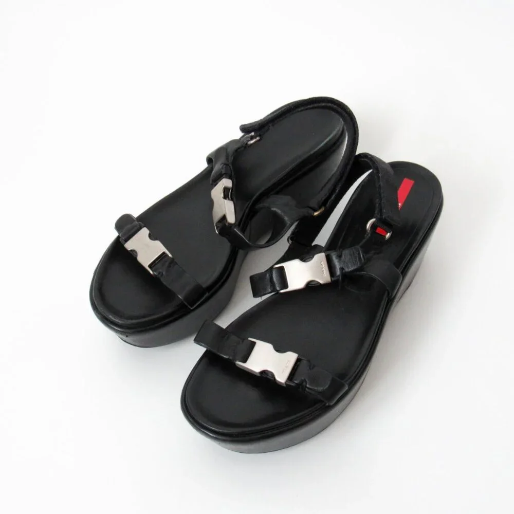 PRADA 90’s VINTAGE Black Sporty Open Toe Platform Sandals W/Metal Buckles Size-9